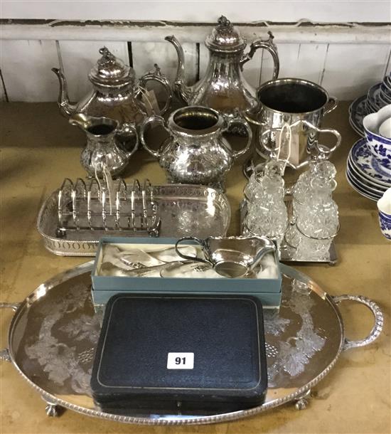 Plated tea service, plate-mounted 4-bottle cruet set & sundry plate